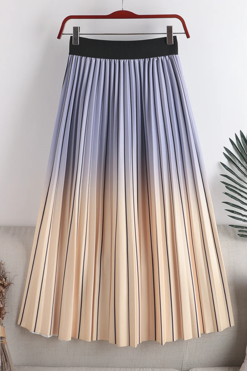 

Elastic Waist Gradient Pleated Printed Rainbow Skirt Women's New Style Autumn Winter High Waist Slimming Mid-Length Skirt