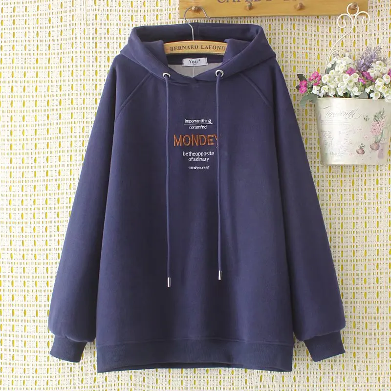 

Plus size hooded letter embroidery Women's Sweatshirts 2021 blue gray Navy autum winter pullover plus velvet Woman clothes