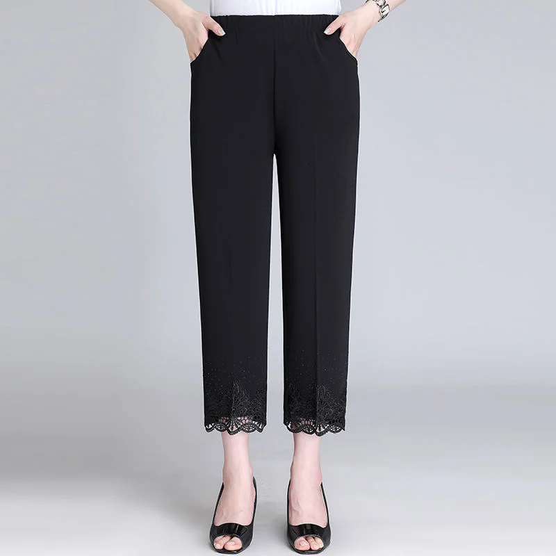 

Mom Summer Pants Women's Thin Lace Patchwork Straight Pants Middle-aged Women High Waist Casual Calf-Length Pants