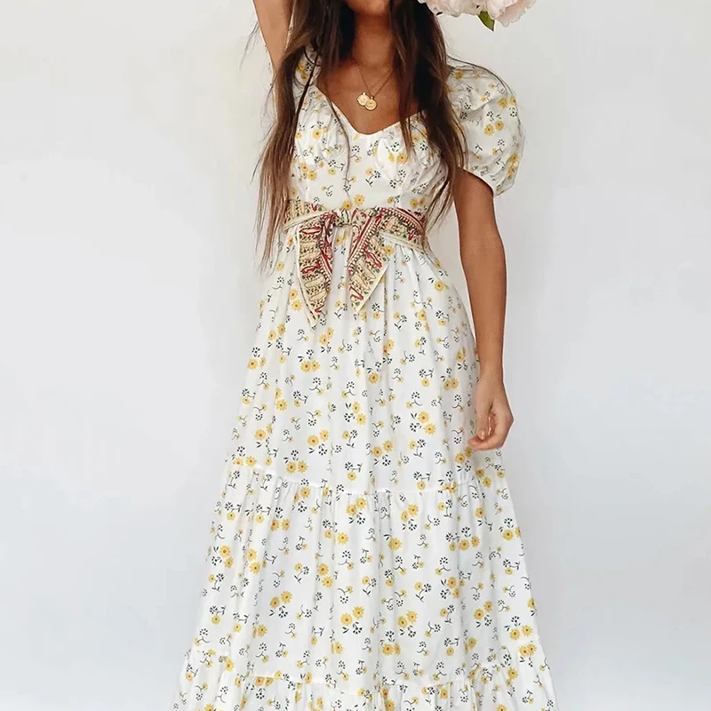 Été femmes Robes Floral Imprimé Princesse Robe Midi À Manches Bouffantes Taille Haute Robes Mujer Plage Sexy À Lacets robe Lâche