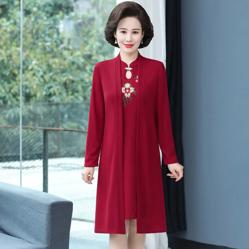 Фото Платье Cheongsam, костюм из двух предметов, весна-осень, элитное элегантное платье, женский комплект с вышивкой среднего возраста, 5XL 2341 №5