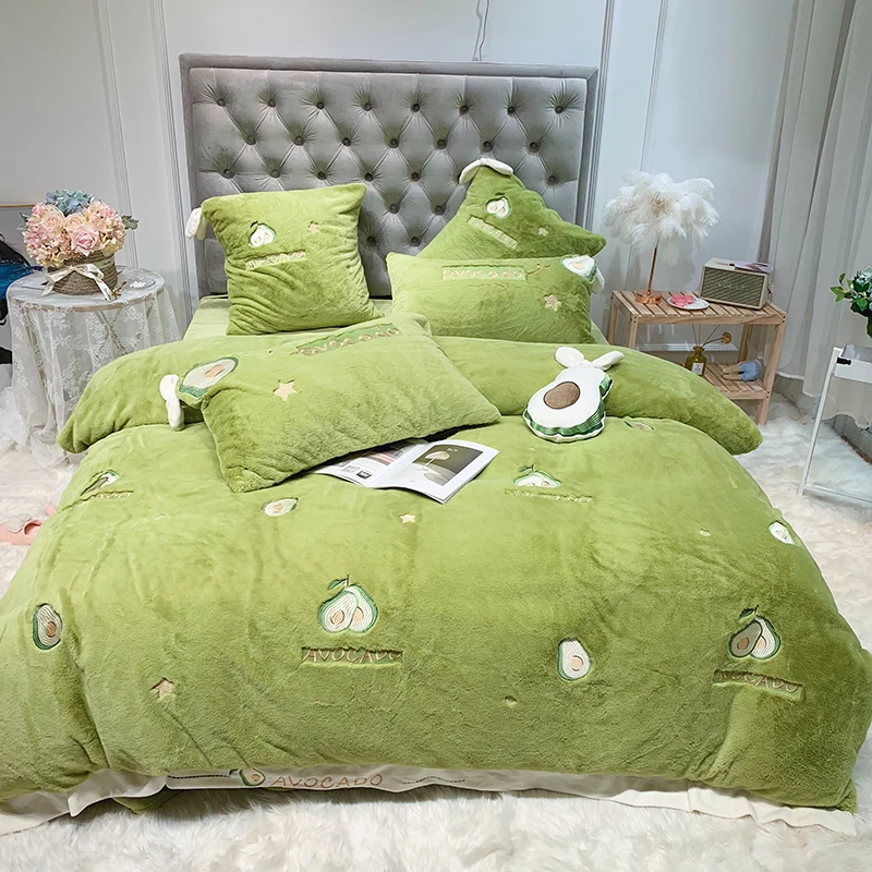 Зимний Бархатный комплект постельного белья с вышивкой авокадо груши фруктов