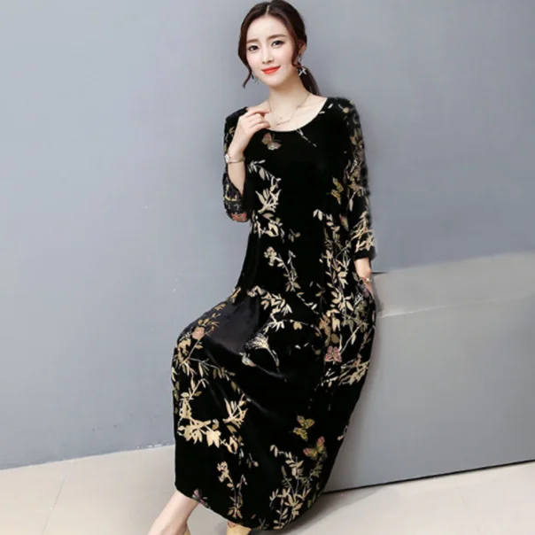 Осенне зимнее женское платье большого размера Золотое велюровое винтажное с