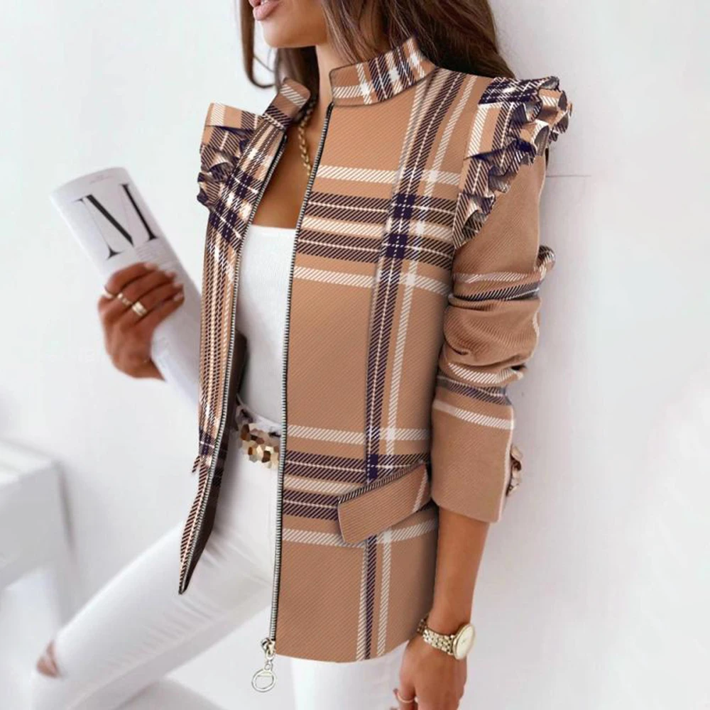 Женский клетчатый пиджак с длинным рукавом и рюшами на молнии | Женская одежда