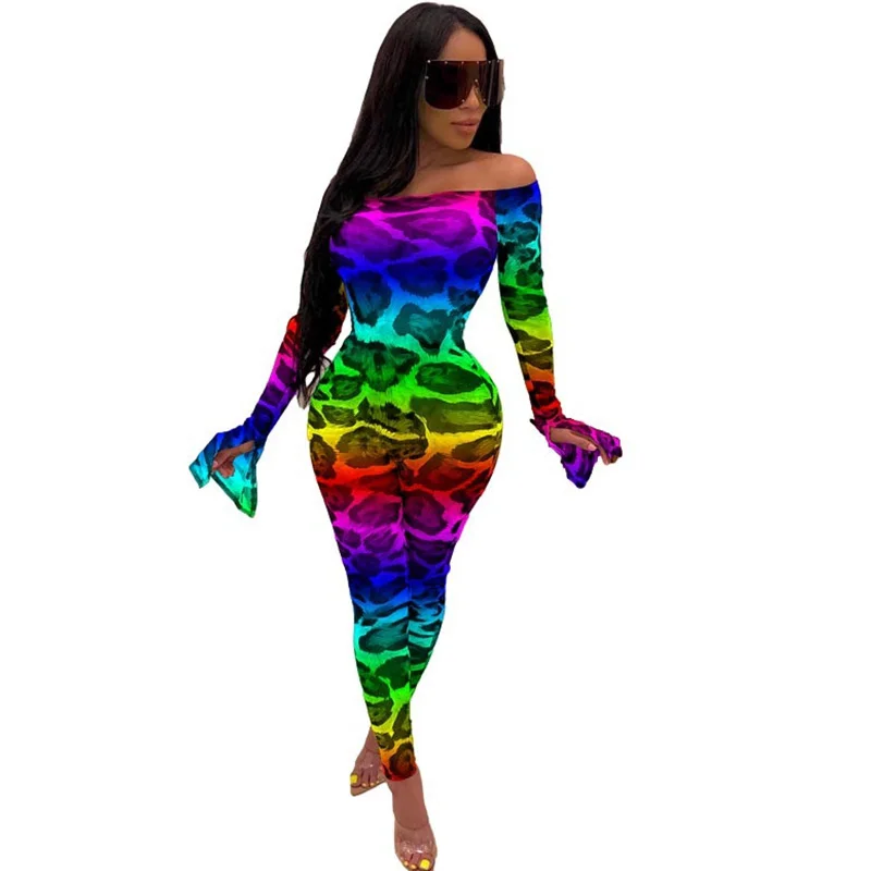 

Colorful Leopard Print Sheer Mesh Night Club Party Jumpsuits Women Sexy Slash Neck Off Shoulder Long Sleeve Romper Bodysuits