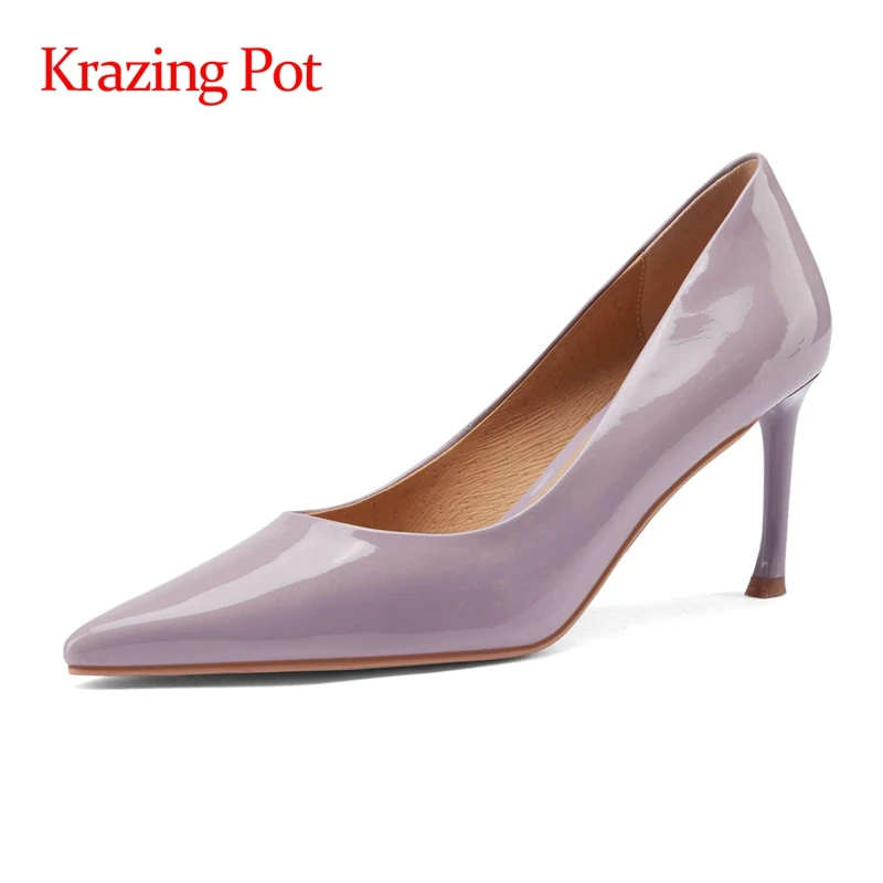

Krazing Pot new patent leather pointed toe thin high heels European style office lady daily wear shallow slip on women pumps L03