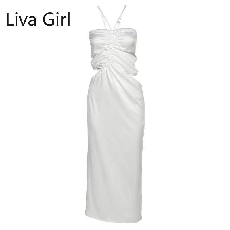 

2021 White Dress Summer Halter Neck Strapless Long Dress Women Spring Elegant Party Sexy Hallow Out Fashion Dress Street Vestido