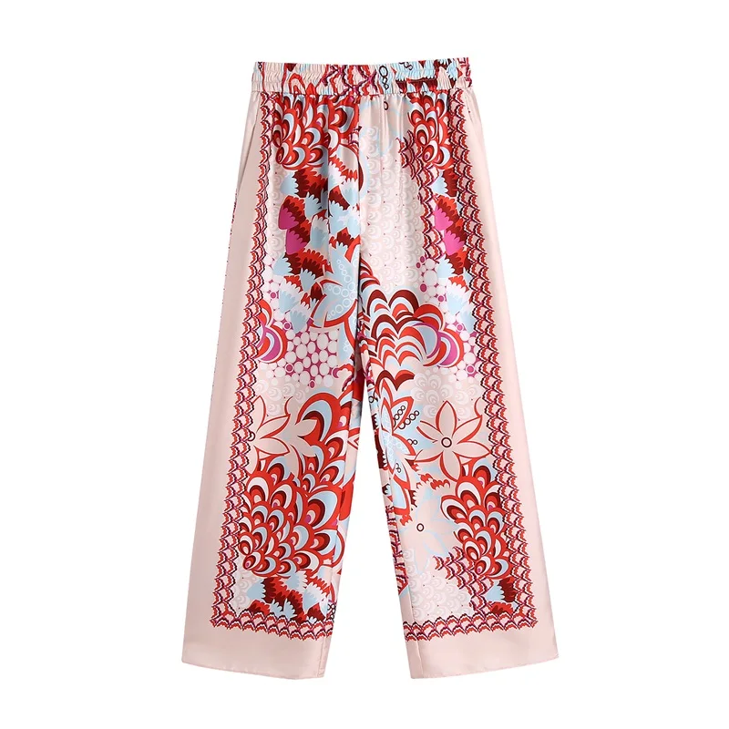 

2021 Fashion Patchwork Floral Print Wide Women Leg Pants Vintage High Elastic Waist Female Ankle Trousers Streetwear