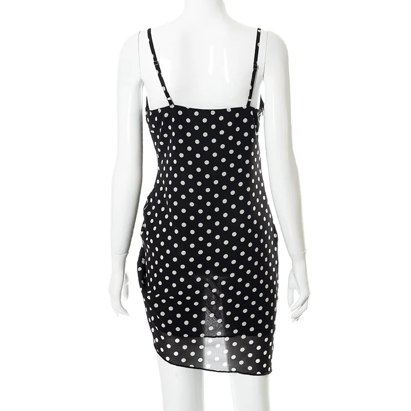 

Boho Beach Polka Dot Print Sundress Women Sexy Sling Straps Backless Drawstring Short Mini Dress 2021 Summer Casual Chiffon Robe