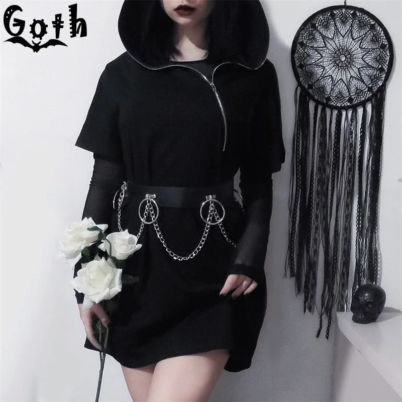 Женский ремень в готическом стиле Goth черный из искусственной кожи на цепочке со