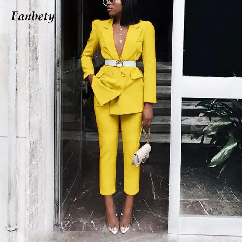 

Женский пиджак с отложным воротником, Осенний пикантный жакет на пуговицах с вырезами и длинные брюки, Зимний Элегантный однотонный просто...