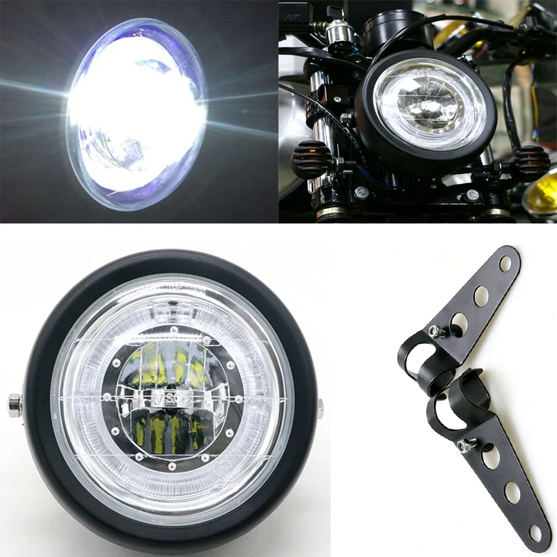 

Motorcycle Refit LED Headlamp with Brackets DC 12V Universal Retro Black Scooter led Headlight Motorbike Motor Front Light Round