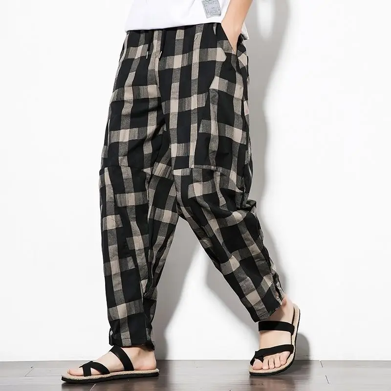 

Original plaid casual pants men's spring and autumn cotton and linen retro loose wild harem pants carrot pants wide leg pants