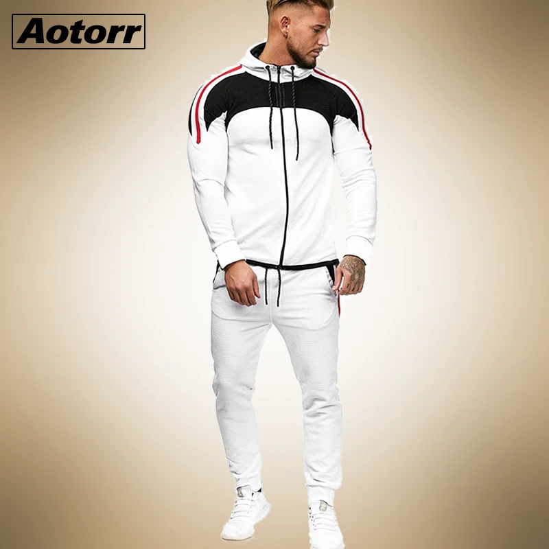 

Mens Casual Stitching Tracksuit Long Sleeve Zipper Hooded Sweatshirt Pants Sets Spring Jogging Sports Warm Jacket Suit