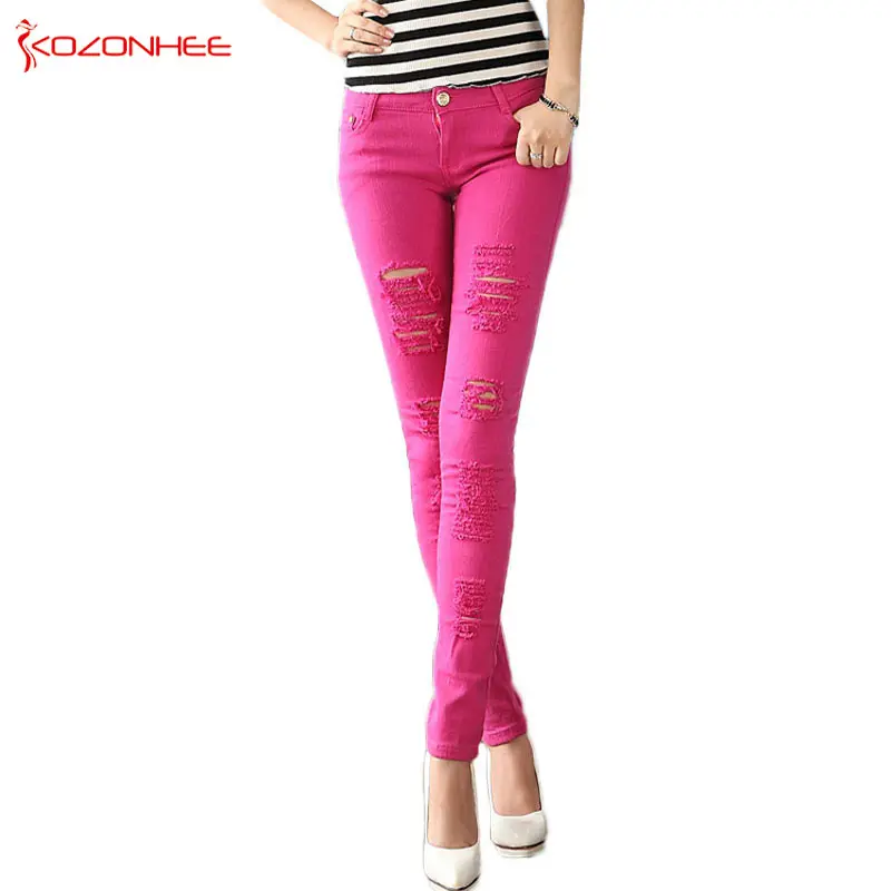 Цвет Растяжения пеналы рваные джинсы для женщин Женщины Омывается Проблемные