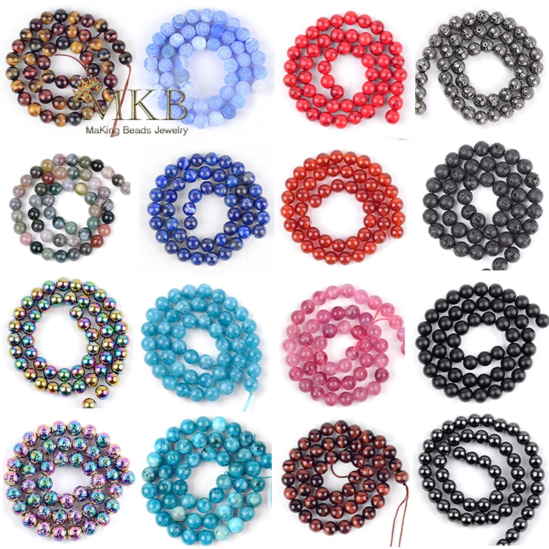 

Natural Stone Agates Jades Turquoises Tiger Eye Lava Hematite Jaspers Round Beads For Jewelry Making Diy Accessories Wholesale