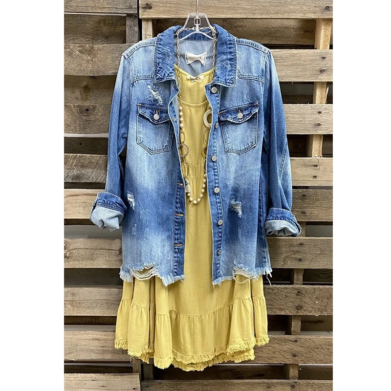

Blue Denim Jacket Women Sexy Frayed Long Sleeve Lapel Plus Size Loose Jackets Spring Fall Jacket for Women LUGENTOLO