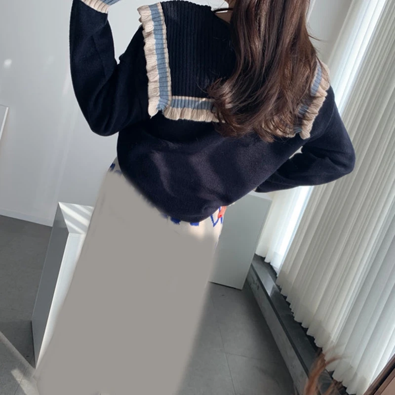 RICININA Knitted Sweater Women Soldier Collar Long Sleeve Ruffles Casual Sweaters Ladies Elegant 2020 Knitting Pullovers | Женская