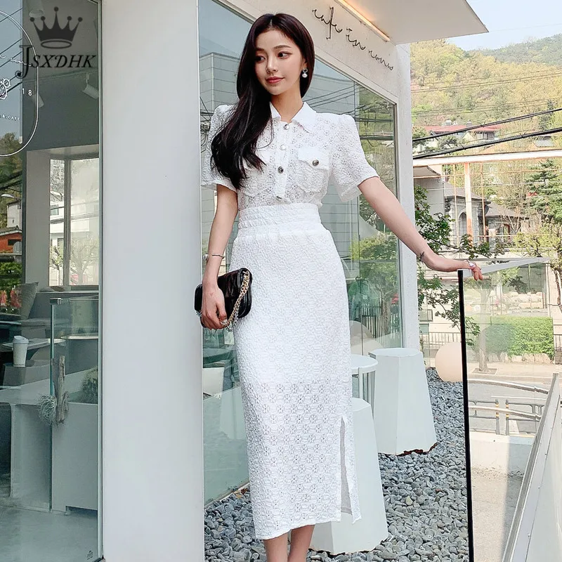 

2021 New Lace 2 Pieces Set Women Summer White Shirts Blouses + Split Sheath Bodycon Skirts Korean High-end Chic Office Lady Suit