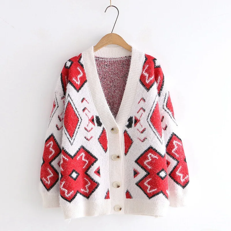 kawaii cute geometric pattern v-neck single breasted mohair sweet Cardigan sweater |