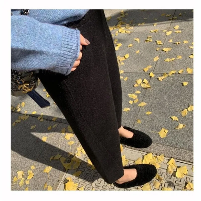 Плотные осенне зимние брюки женские трикотажные шаровары с высокой талией 2021