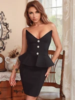 2021 new summer women mini black strapless bandage dress sexy v neck sleeveless ruffles nightclub celebrity evening party dress