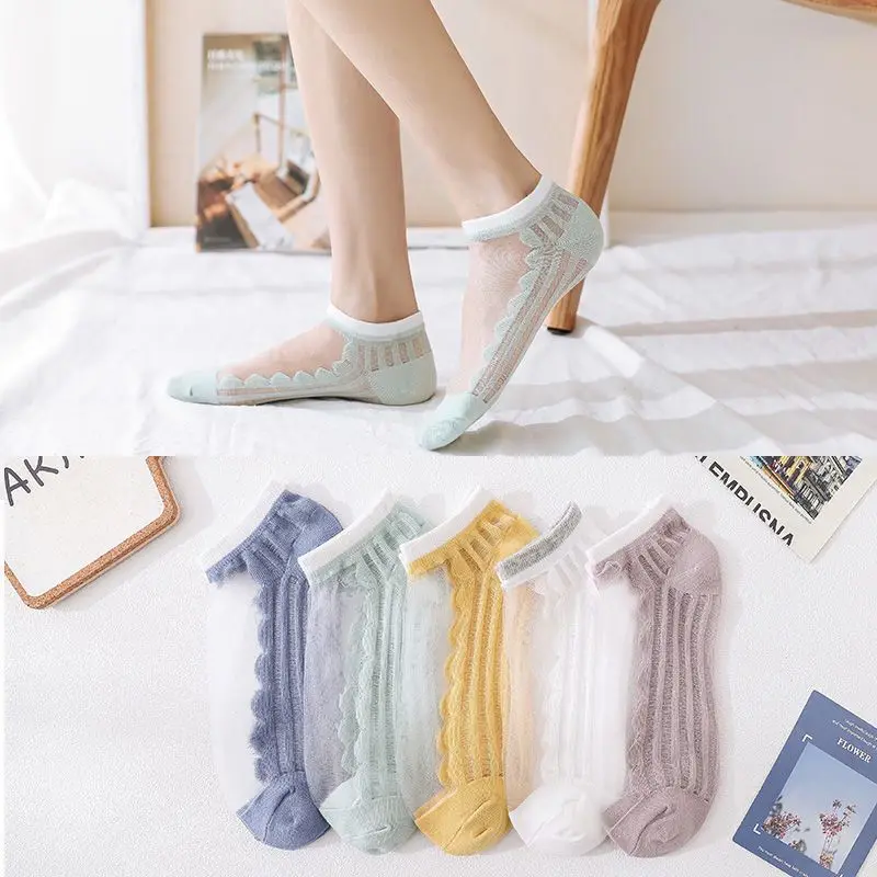 

5Pairs Women Dress Socks Transparent Ankle Socks Sweet Candy Color Girls Silk Socks Fashion Stretch Socks Calcetines Mujer