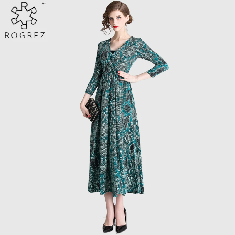ROGREZ зеленый элегантное платье со змеиным принтом Повседневное с длинным рукавом