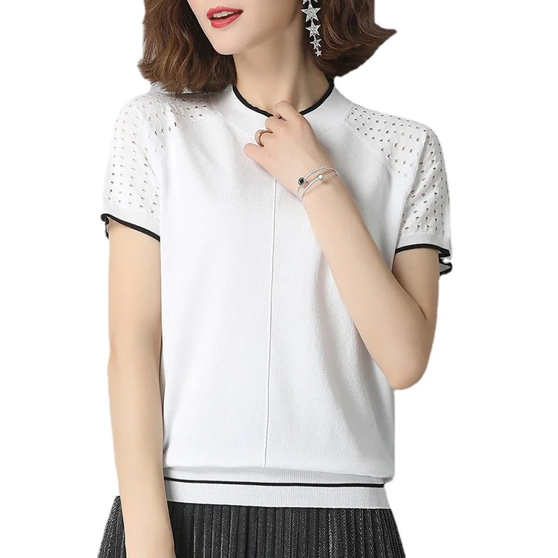 

New Korean Fashion Women Summer White Purple Knitted Pullover Ladies Fashion Loose Short Sleeve Knitted Tops Pull Femme