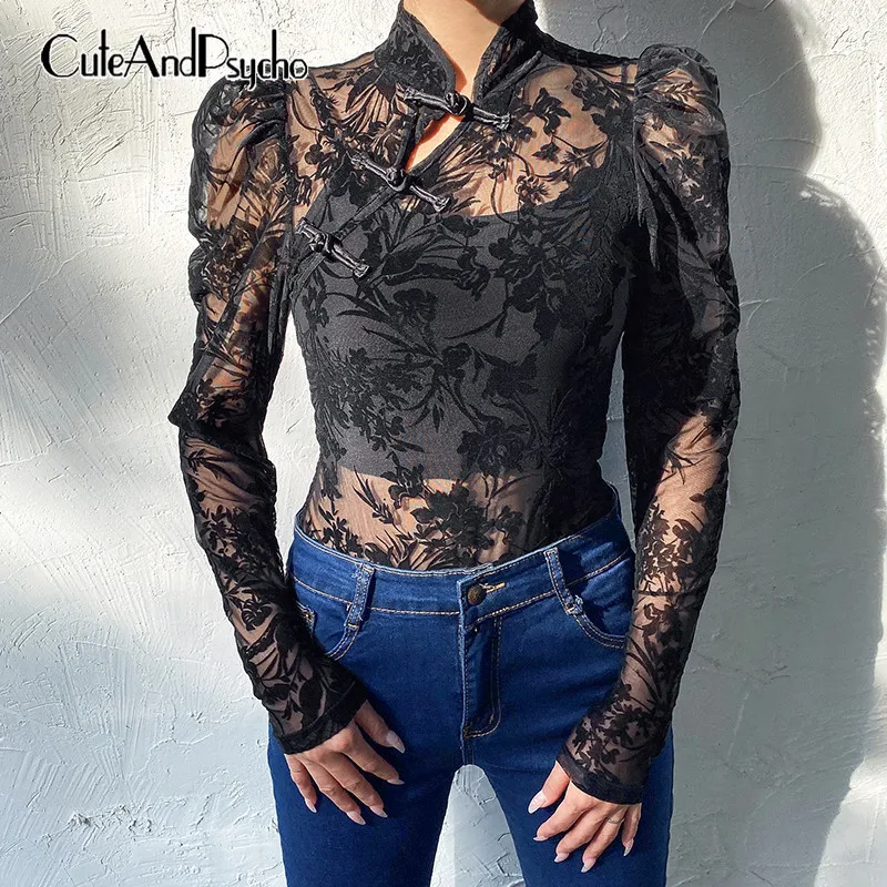 Черное цветочное Сетчатое платье Прозрачная Для женщин боди Топ Китайский шеи