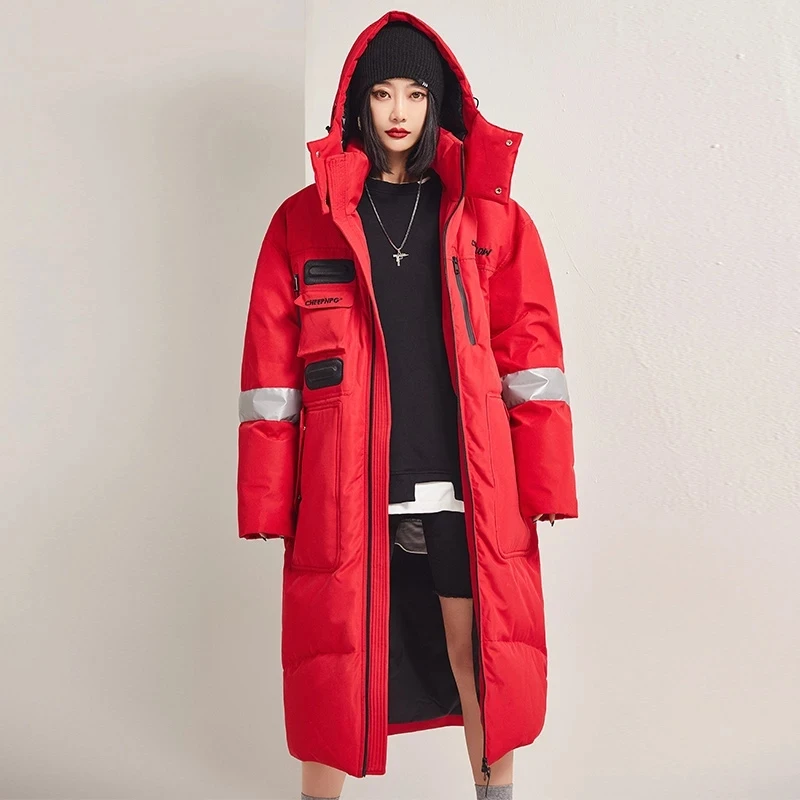 Long Duck Down Jacket Lover Hooded Thick Warm Women's Winter Coat Long Sleeve Casual Zipper Parkas Female Outwear -30 Celsius