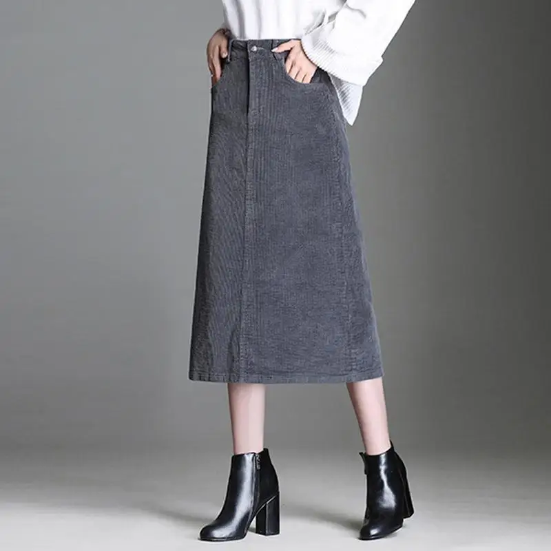 

2021 Spring Autumn Vintage Womens Corduroy Skirts Elegant Korean Style Fashion Pocket High Waist Long Skirt Femme Y276