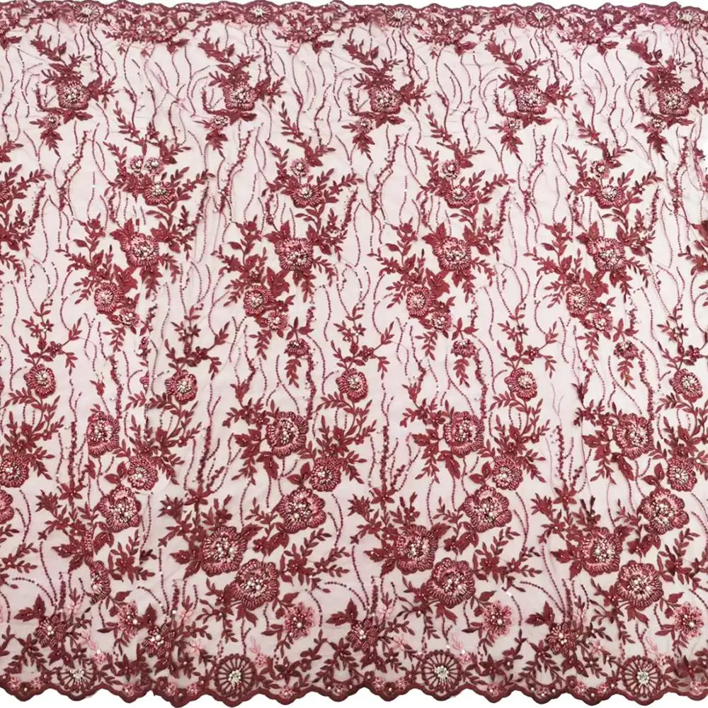 Модный вечерний Burgundy Тяжелая сделанная вручную бисером кружевной ткани высокого