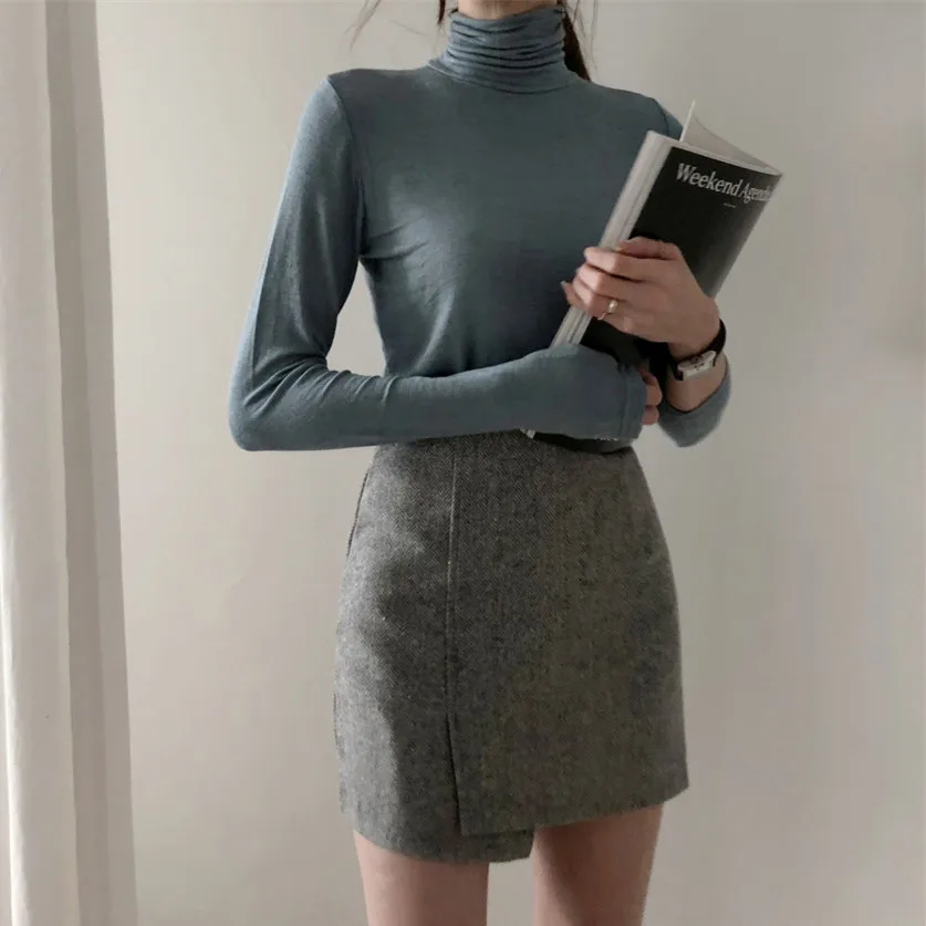 Темпераментные зимние базовые Топы женские с длинным рукавом облегающие