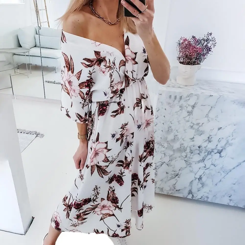 

Women 2021 Summer Floral Print Midi Dress V Neck Short Sleeve Belt Beach Holiday Party Red White Long Dresses Vestidos Sundress
