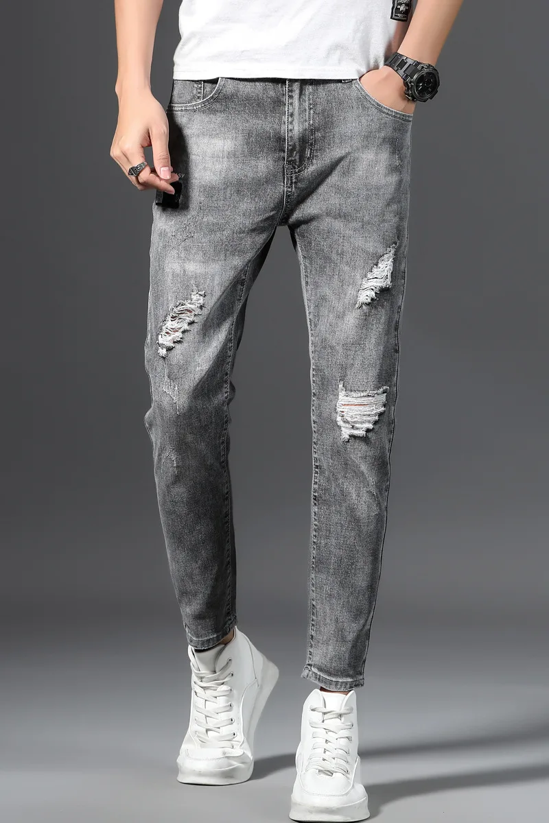 

2021 spring and autumn new micro elastic denim pants men's Korean fashion slim fashion brand casual small leg pants men's