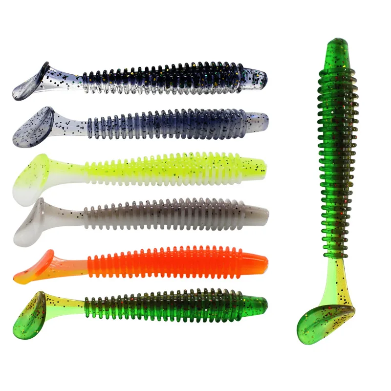 5-10pcs/lot Soft Fishing Lure 50mm/0.9g Double Color Spiral T tail Silicone baits Jig Wobbler Worm Pesca Bait | Спорт и развлечения