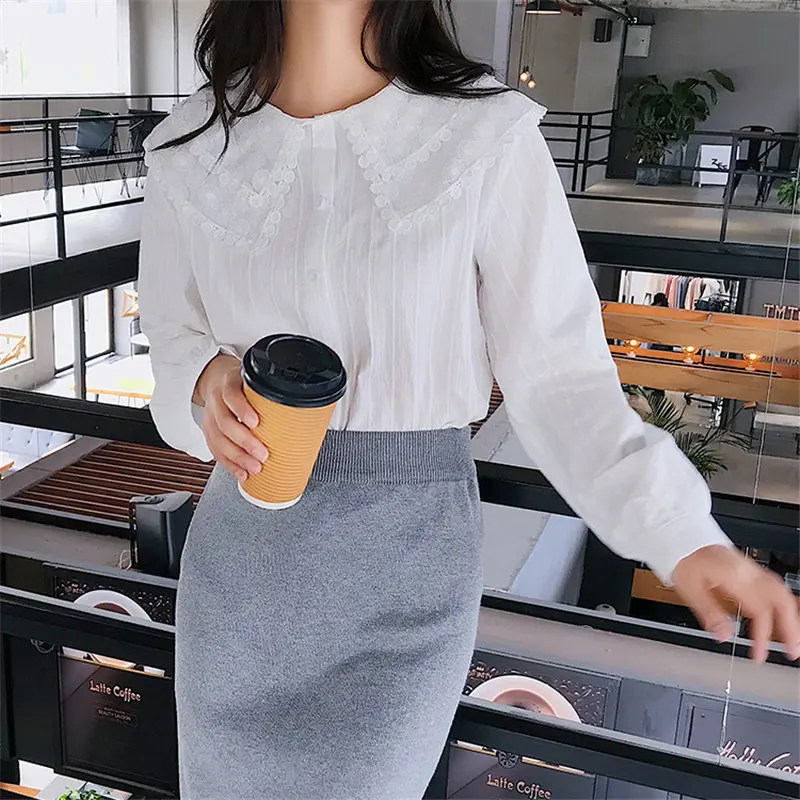 HziriP 2019 модные белые элегантные рубашки с воротником Питер Пэн Свободные