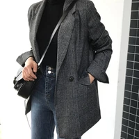 new 2021 winter spring womens blazers plaid double breasted pockets formal jackets checkered outerwear tops