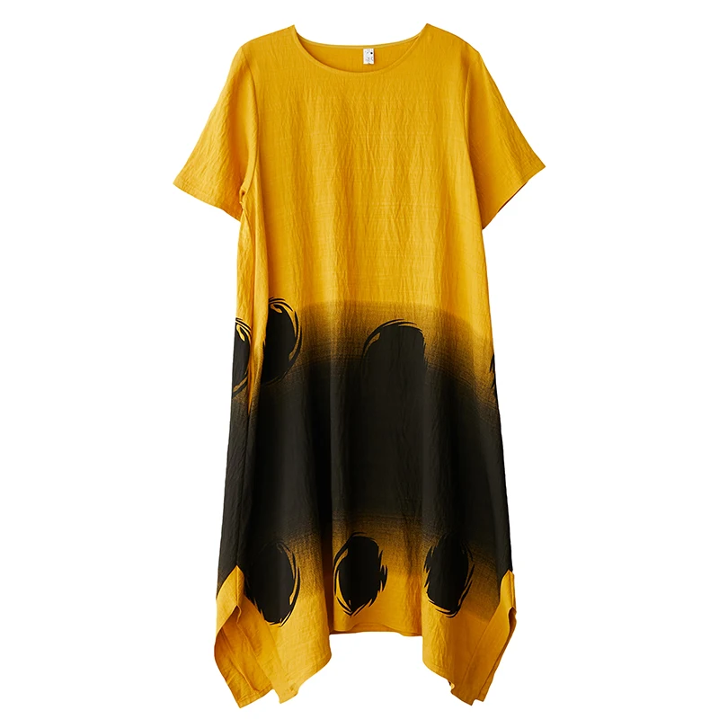 

2021 Summer New Artistic Large Size Printed Cotton and Linen Short Sleeve Dress Slim Fit Slimming Loose Casual Midi Dress