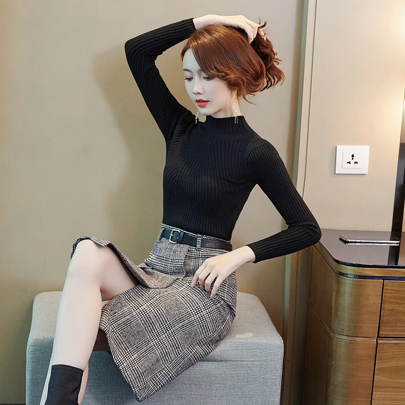 

Western Style Fashionable Celebrities Two-Piece New Winter Package Hip Skirt Basic Black Sweater Fashion Suits Grid Skirts