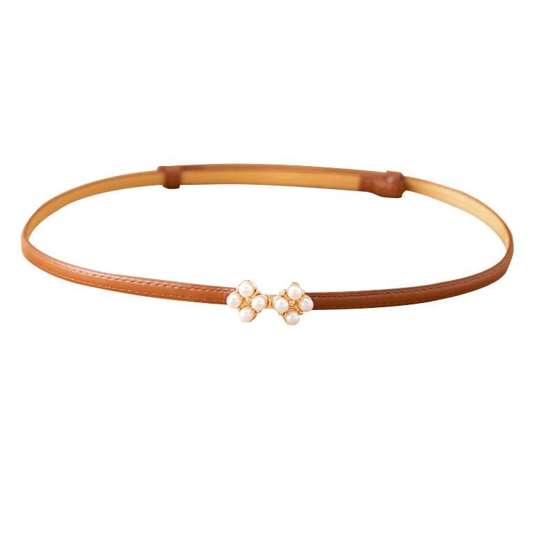 

ImiFashion Thin Belts For Women Imitation Pearl Gold Buckle Belt Solid Color PU Leather Waistband for Dress Decoration