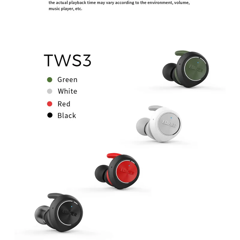 EDIFIER TWS, 3 TWS, настоящий беспроводной Bluetooth V4.2, наушники-вкладыши с зарядным устройством и съемными ушными крыльями, Многофункциональная кнопка
