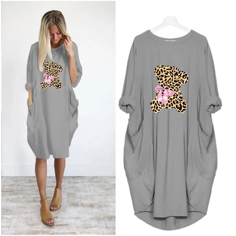 Женское леопардовое винтажное вечерние средней длины с карманами и принтом