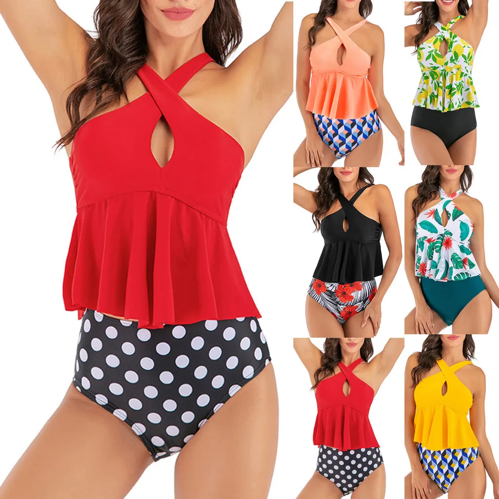 Сексуальные бикини с рюшами женский купальник высокой талией купальные костюмы