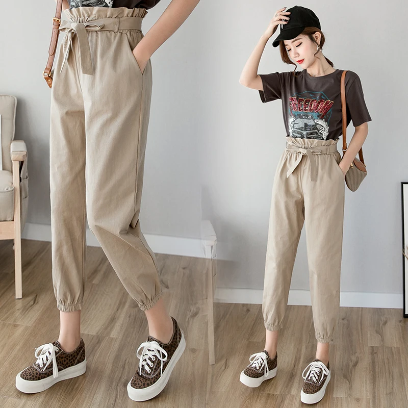 Модные свободные штаны с высокой посадкой одноцветные шаровары брюки для