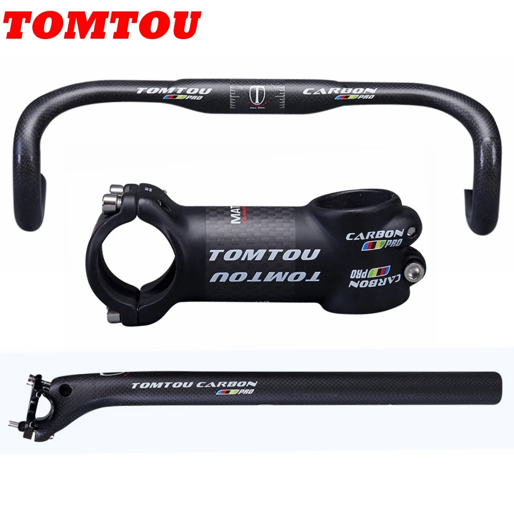

TOMTOU PRO Bike Road Bent Bar Sets Carbon Fiber Handle Bar + Seat Post + Stem Bicycle Handlebar Parts
