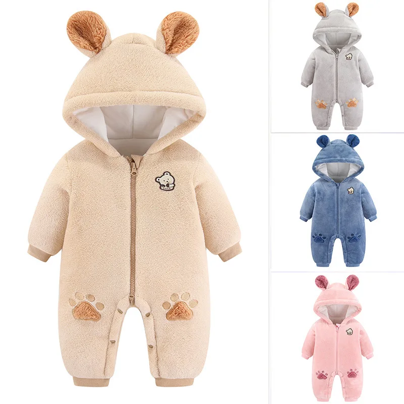 

Winter Warm Cotton Casual Newborn Cute Little Bear Suit Winter Coral Fleece Hooded Jumpsuit Bag Foot Romper Crawling Clothes