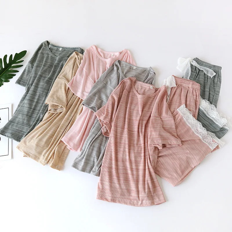 

Women Pajamas Set Summer New Short Sleeve Calf-Length Pants Sleepwear Casual Homewear Modal Female Pyjamas Night suit