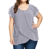 women ruffled chiffon plus size top summer short sleeve loose round neck casual blouse fashion solid color large size blusas